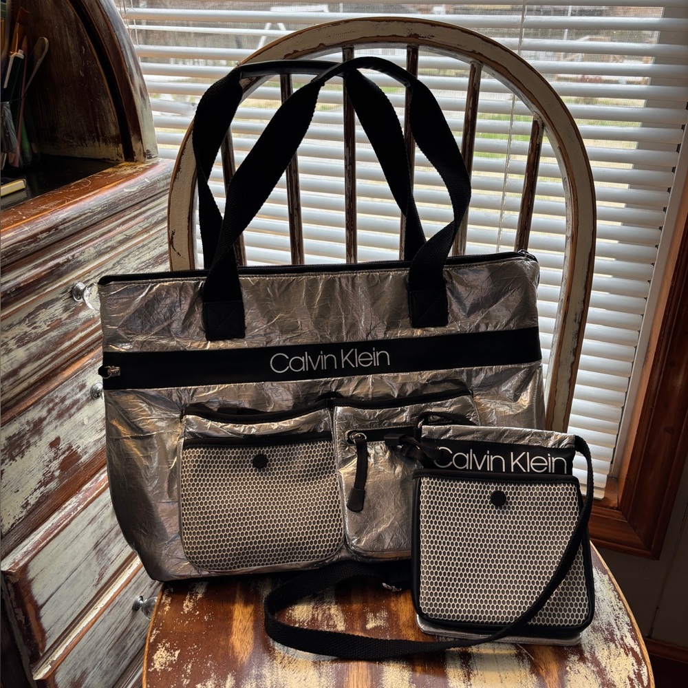 Calvin Klein Metallic Silver Tote and Small Crossbody Set with Black Trim